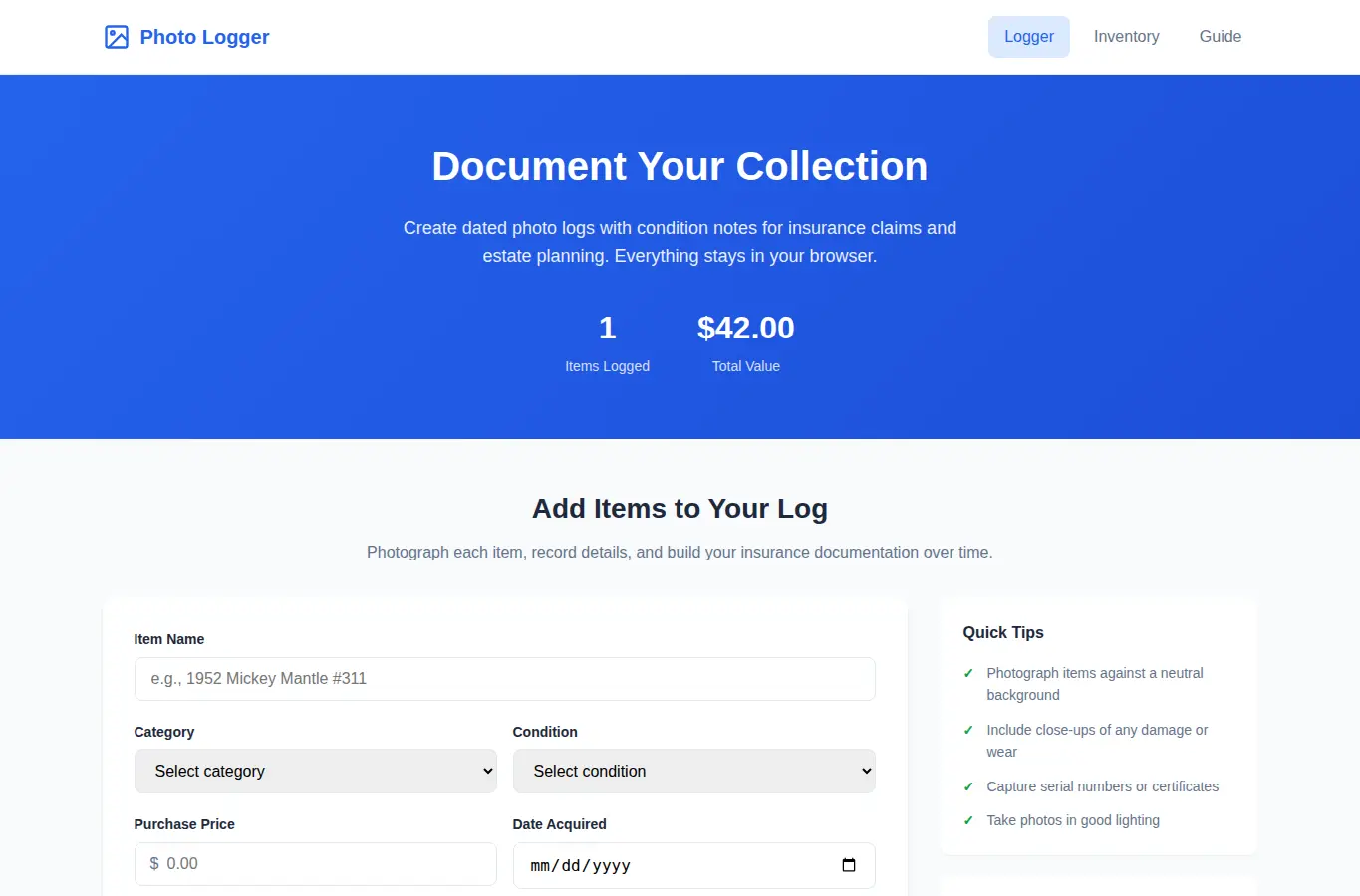 Screenshot of Collectible Insurance Photo Logger interface showing the project page in use